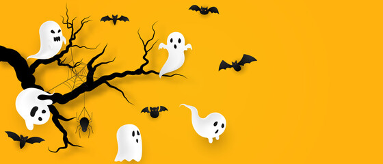 Halloween Paper art Party poster. Set pumpkins of Collection Scary and funny Carnival Background concept design