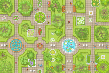 Landscape design. Park. Top view. Path, benches, trees, green fence, flower beds. View from above. 