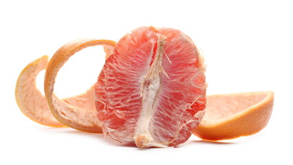 Grapefruit half with swirly peel curl isolated on white background