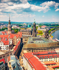 Fototapeta na wymiar Colorful spring view from Church of Our Lady (Frauenkirche) of the Elbe river and Dresden town. Bright morning scene of Saxony, Germany, Europe. Traveling concept background..