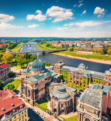 Bright sunny view from Church of Our Lady (Frauenkirche) of the Elbe river and Dresden town....