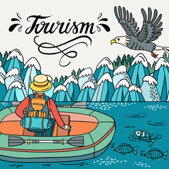 Vector cartoon illustration on the theme of tourism and travel. Colorful poster with landscape, wild nature and bird