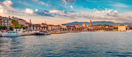 Panoramic evening cityscape of Split town. Wonderful summer sunset in Croatia, Europe. Beautiful...