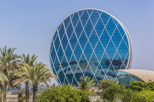 Iconic Commercial Building Of Height 121m Headquarters Property Developer Aldar Of Abu Dhabi. The first spherical building in the Middle East. ABU DHABI, UAE. October 1, 2012.