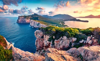 Foto op Plexiglas Bestemmingen Exciting morning view of Caccia cape. Nice spring sunrise on Sardinia island, Italy, Europe. Great morning seascape of Mediterranean sea. Beauty of nature concept background.