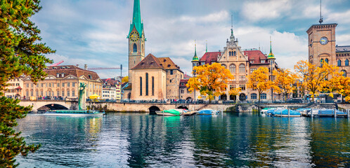 Gloomy morning view of Fraumunster Church. Amazing autumn cityscape of Zurich, Switzerland, Europe....