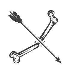 Vintage monochrome wood arrow with broken bones isolated on white background. Hand drawn design element template for emblem, print, cover, poster. Vector illustration.