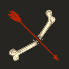 Vintage color wood arrow with broken bones isolated on black background. Hand drawn design element template for emblem, print, cover, poster. Vector illustration.