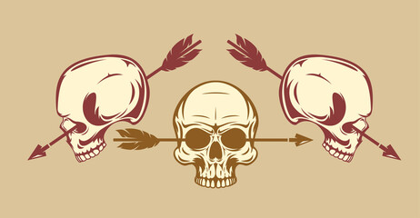 Vintage color three human skull with arrow isolated on yellow background. Hand drawn design element template for emblem, print, cover, poster. Vector illustration.