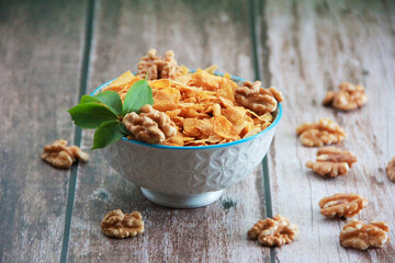 dry Breakfast muesli and walnuts in a decorative plate