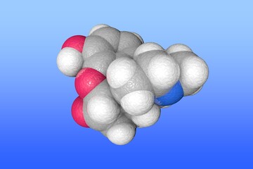Molecular structure of hydromorphone. Atoms are represented as spheres with color coding: carbon (grey), oxygen (red), nitrogen (blue), hydrogen (white). Scientific background. 3d illustration
