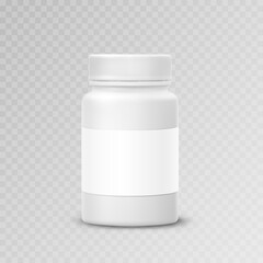 Bottle mockup with blank label isolated on transparent background. White medicine plastic package for pills, vitamins or capsules. Vector empty jar, container mock up