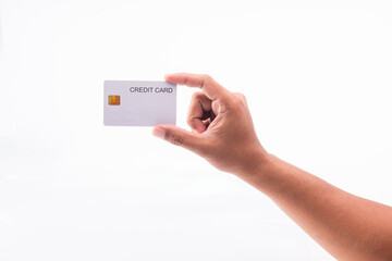  Man hand holding credit card for payment, isolated on white background, concept business, shopping