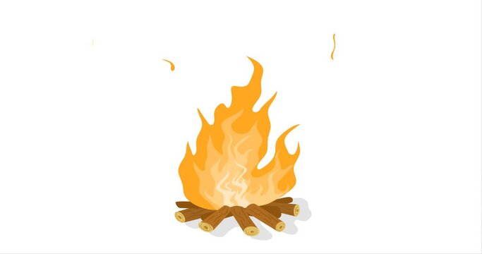 Flat animation of burning bonfire with firewood in cartoon style on white background