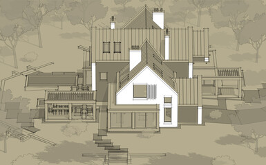 3d rendering of modern cozy clinker house on the ponds with garage and pool for sale or rent. Black line sketch with white spot and hand drawing entourage on craft background