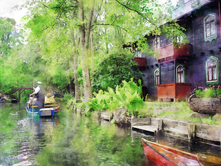 Fototapeta na wymiar Digital watercolor illustration of Spreewald forest in Brandenburg Germany. Touristboats in channel of village Lehde.