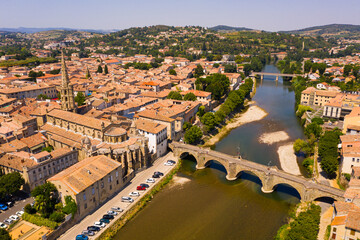 View from drone of Limoux commune in Aude department, southern France