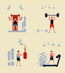 Fototapeta na wymiar set of illustrations of men doing simple fitness at home, in gym, muscle exercise.