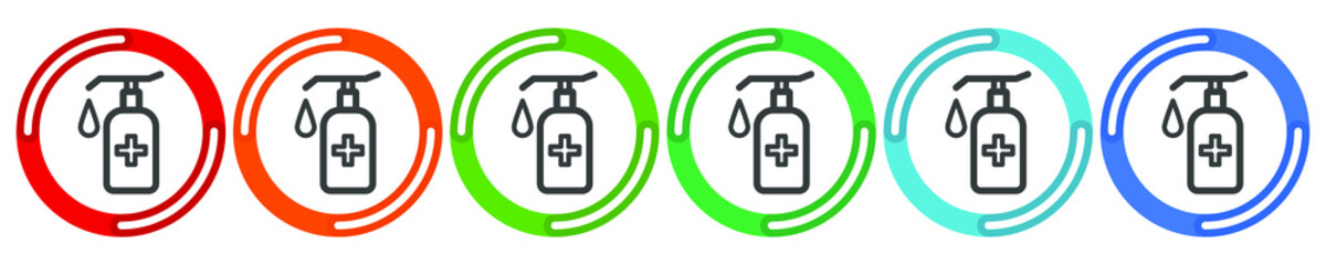 Washing Hands Related Vector Line Icons. Contains such Icons as Washing Instruction, Antiseptic. Vector 6 colors option icon. Vector illustration flat design UI and UX.