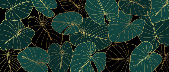 Luxury golden art deco wallpaper. Nature background vector. Floral pattern with golden split-leaf Philodendron plant with monstera plant line art on green emerald color background