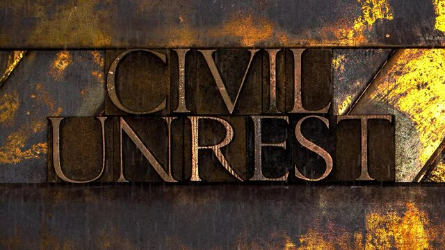 Civil Unrest text with animated rain and fluid pooling on vintage textured grunge copper and gold background