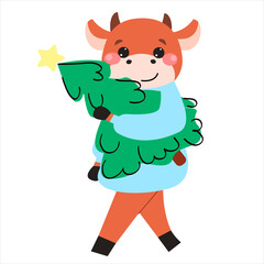 Funny vector cartoon bull in a blue sweater holding a Christmas tree.New Year  illustration with 2021 symbol.Character in flat style isolated on white background.