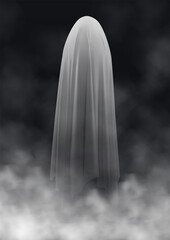 Scary ghost on a dark background in the fog. An evil spirit with a covered sheet. Halloween poster. Vector EPS 10