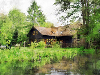 Digital watercolor illustration of Spreewald forest in Brandenburg Germany. Traditional wooden house in village Lehde.