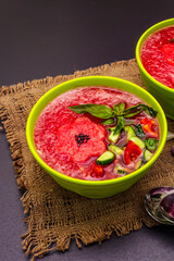 Watermelon gazpacho, traditional Spanish summer cold soup