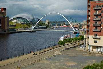 Detail of the Millennium Bridge and Sage arts centre at sunrise in Newcastle Upon Tyne