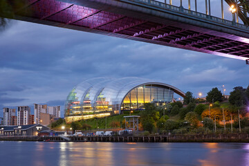 The Sage Arts centre designed by Norman Foster in Gateshead illuminated at dusk