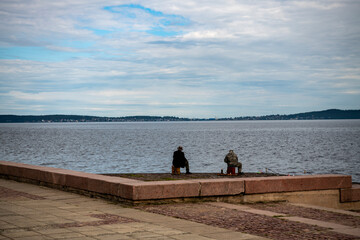 Fototapeta na wymiar city embankment near the lake with resting people, unusual monuments and ever-present birds