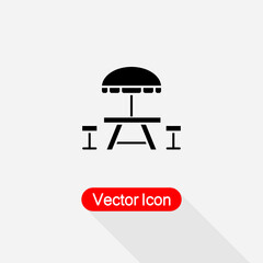 Camping Table and Bench Icon, Umbrella with Table and Chair Icon Vector Illustration Eps10
