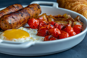 Delicious breakfast with sausage and fried egg combined with tasty caramelized onions and cherry tomatoes.