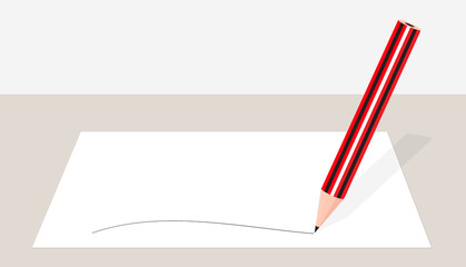 Pencil writing a line on blank sheet of paper on desk. Copy space
