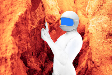 one Astronaut Collect Soil Samples on Alien Planet, Analyzing Them with Hands Computer. Mars, Red...