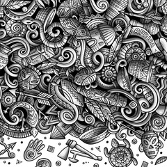Cartoon doodles Africa illustration. Monochrome african culture border