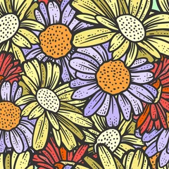 Rolgordijnen Seamless pattern, chamomile flowers. Sketch scratch board imitation. © toricheks