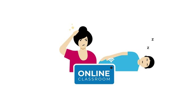 animation of mother and son dizzy when follow the online class room in corona virus pandemic time. animation for international literacy day 2020 