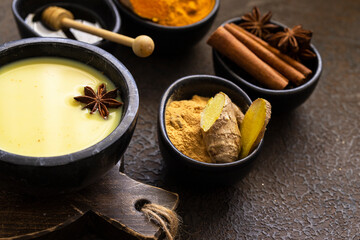 Golden Milk  made with ginger, turmeric, anise, clove and cinnamon spices on dark background. Ayurvedic alternative remedies for health