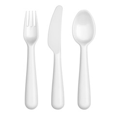 White plastic fork, knife and spoon, isolated on white background