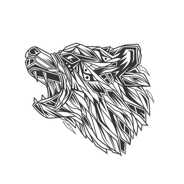 Original monochrome vector illustration in retro style. Bear head in abstract style. Design for t-shirt or sticker