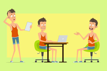 Cartoon flat funny man character in singlet and shorts. Boy resting, reading note and working on laptop. On yellow background.