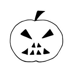 Halloween pumpkin, lantern jack. Simple vector freehand drawing in black outline. For a festive fall design.