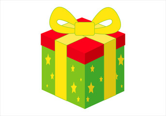 Regalo de Navidad con estrellas y lazo amarillo. Caja verde y tapa roja sobre fondo blanco
