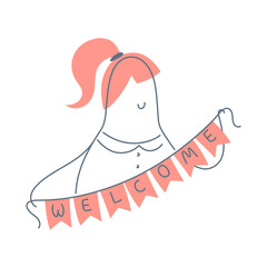 Cute cartoon woman holding a flag garland with a welcome word. Invite, holiday concept. Flat line vector illustration on white.
