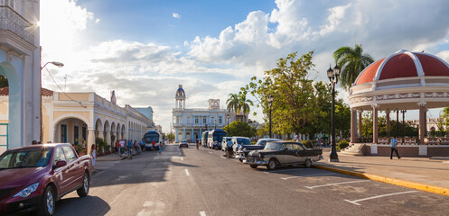 Cienfuegos, Cuba-October 13, 2016. Central square, park, called Parque Jose Marti, surrounded with colonial-era buildings on October 13, 2016 in historical centre of Cienfuegos town of Cuba.