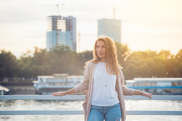 One woman standing outside stock photo