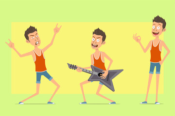 Cartoon flat funny man character in singlet and shorts. Boy playing guitar and showing rock and roll, okay sign. On yellow background.