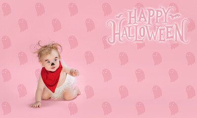 Little girl as vampire on pink background, halloween time, flyer with copyspace. Black friday, cyber monday, sales, autumn concept. Flyer for your ad. Halloween mood, october time, scary and stylish.
